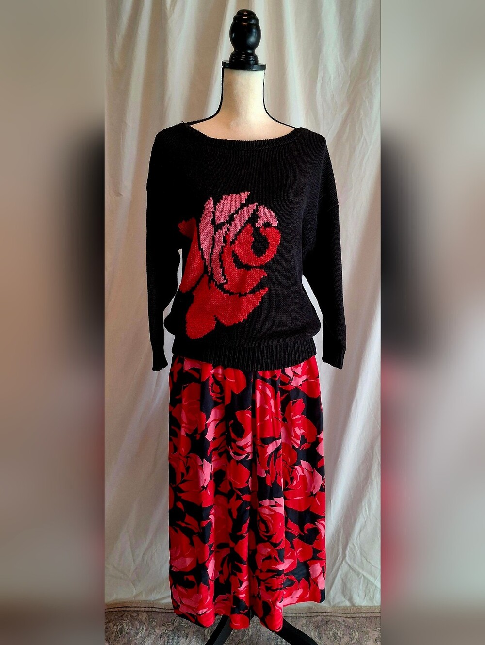 Vintage Black Sweater & Red Floral Midi Skirt Set